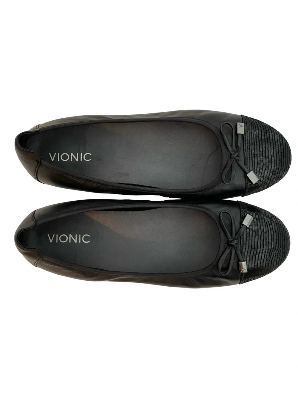 Vionic Minna Ballet Flats Shoes Womens Size 10 Black Bow Toe Cap Slides